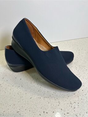 Ecco Navy Abelone Stretch Slip On Loafers Demi Wedge Comfort Size 10 Gore Tex